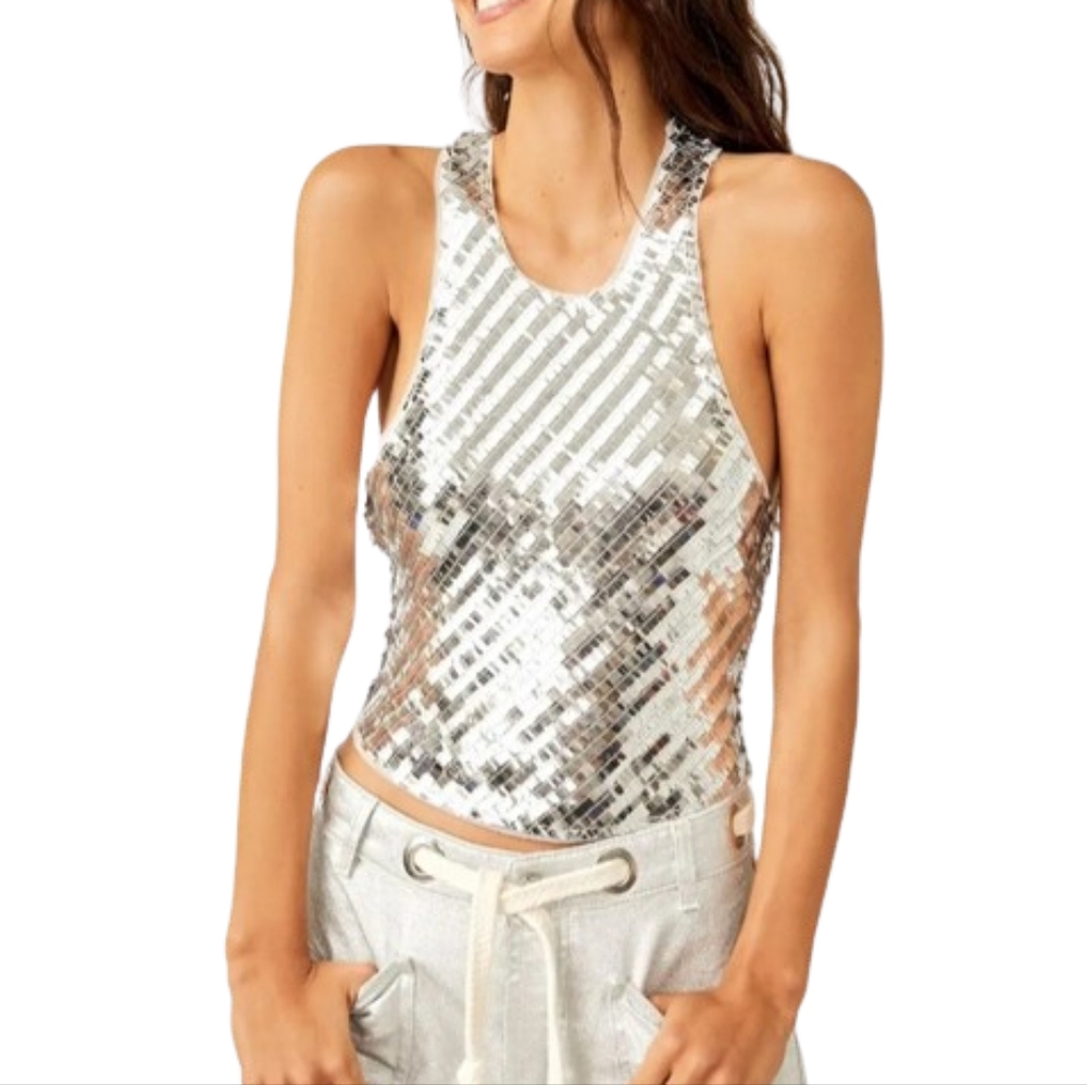 Free People Disco Fever Silver Sequin Cami Top Shirt Size Large NEW NWT Sexy